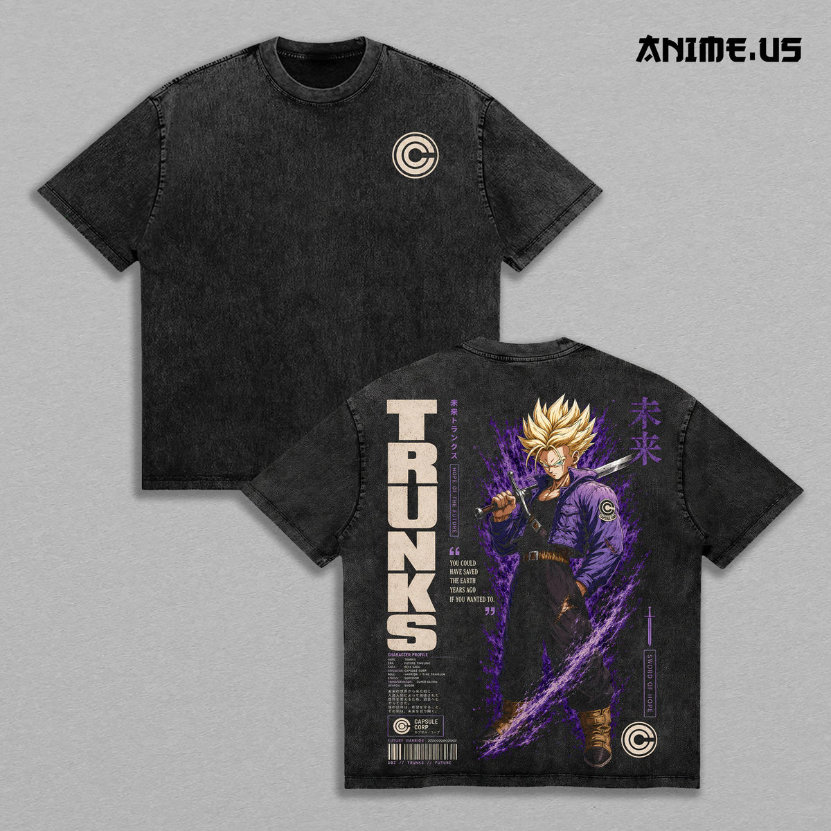 Future Trunks DBZ Vintage Washed Oversized Graphic Tee, Super Saiyan Capsule Corp Anime Heavyweight Cotton Streetwear T-Shirt