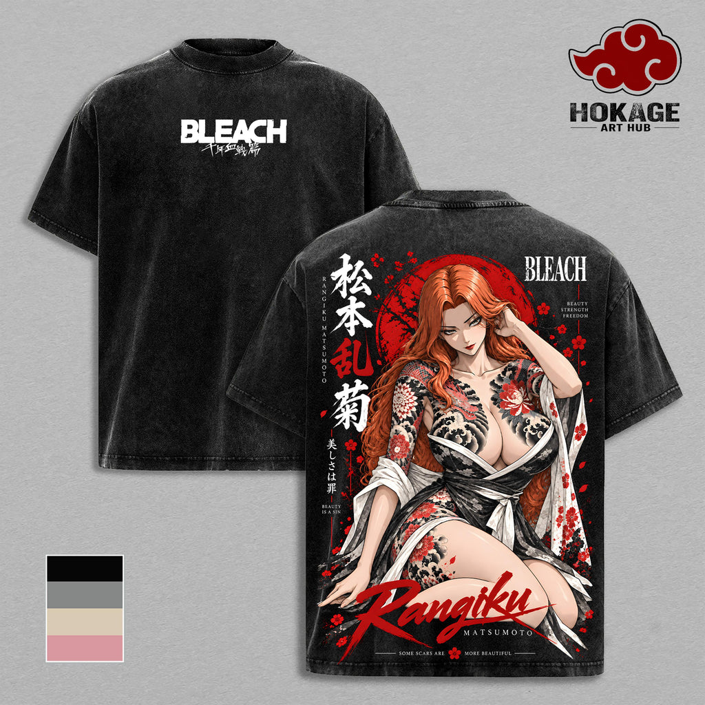 Rangiku Bleach T-Shirt, Rangiku Matsumoto Anime Graphic Tee, Japanese Irezumi Tattoo Art, Vintage Washed Heavy Cotton Unisex Oversized Streetwear Top