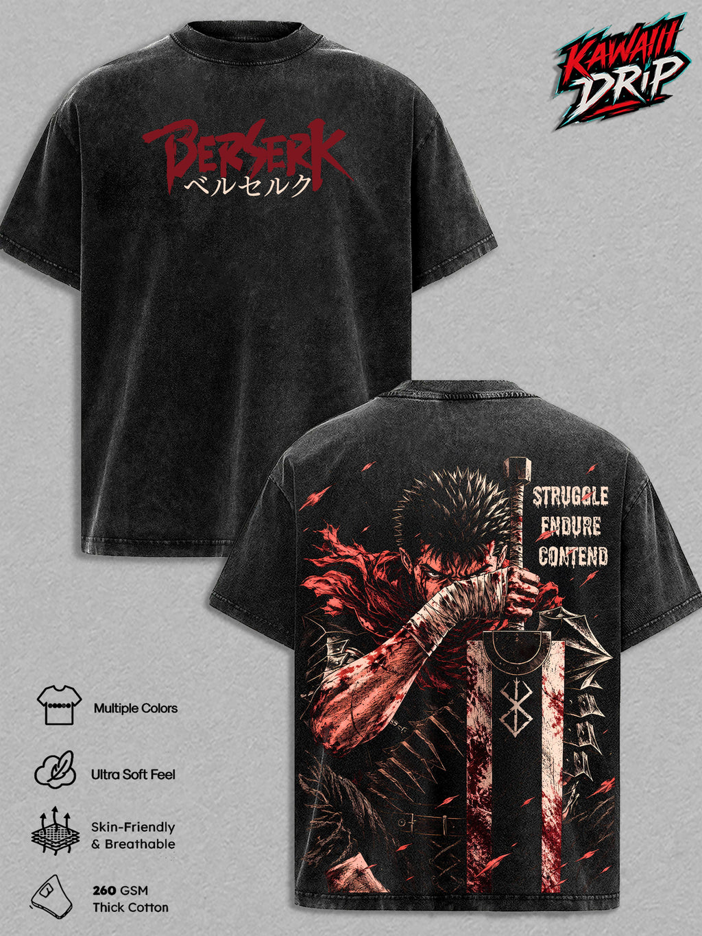 Guts Berserk Anime Vintage Washed Tee