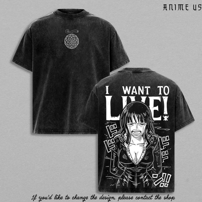 Nico Robinnn “I Want To Live” Vintage Washed Anime T-Shirt Scene Graphic Tee Streetwear Retro Shirt Heavy Cotton Gift for Anime Manga Fans