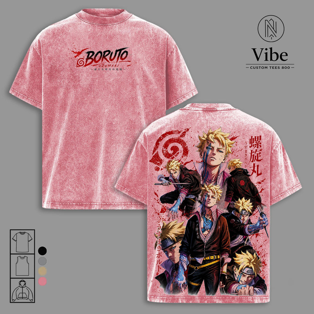 Boruto Uzumaki Two Blue Vortex Vintage Washed Anime T-Shirt, Tank Top Double Printed Manga Graphic Tee, Oversized Heavyweight Cotton Streetwear Shirt