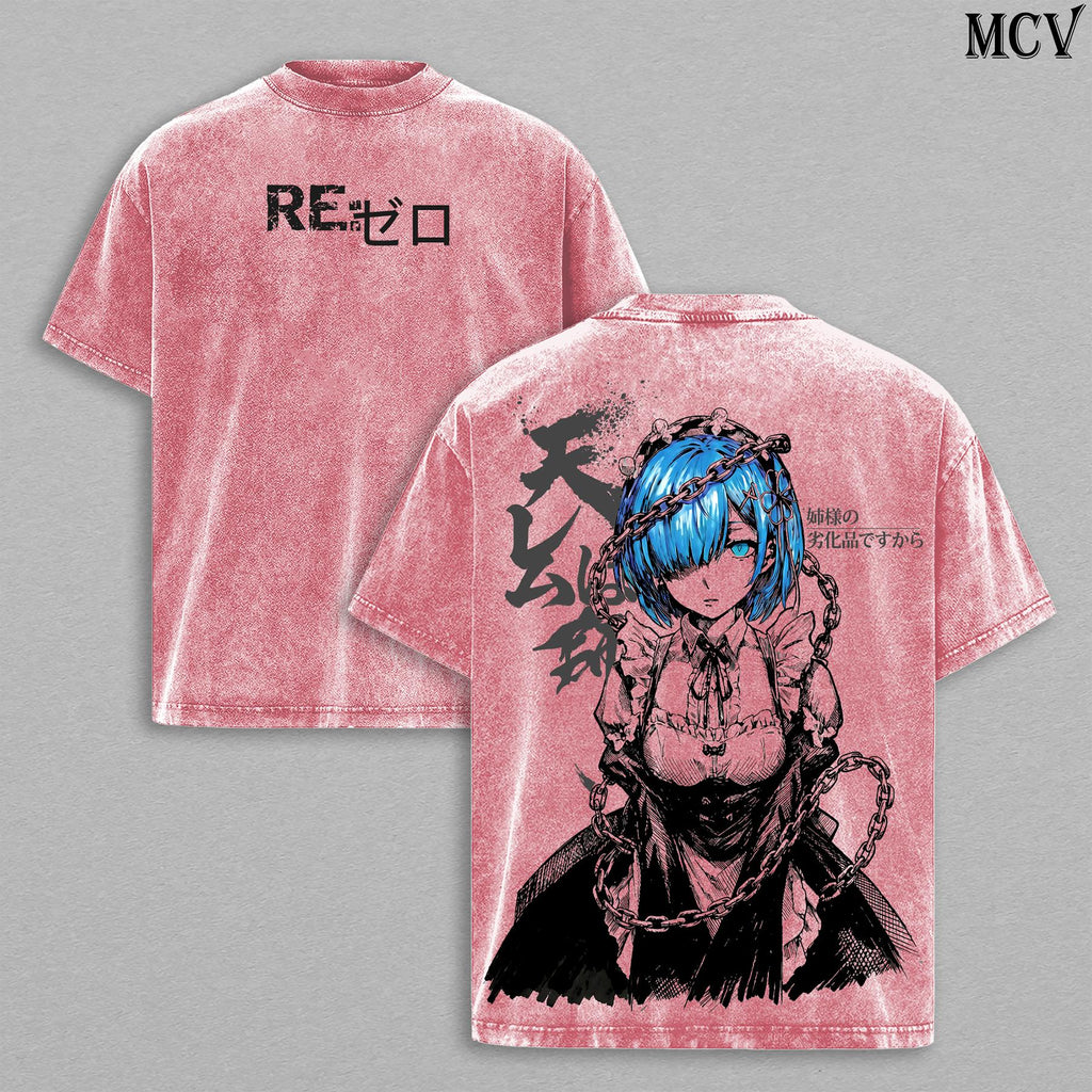 Rem Re:Zero Tee – Rem Vintage Washed T-Shirt | Best Girl | Blue Hair Waifu Anime Manga Graphic Tee | Heavy Cotton Unisex Oversized Streetwear Top