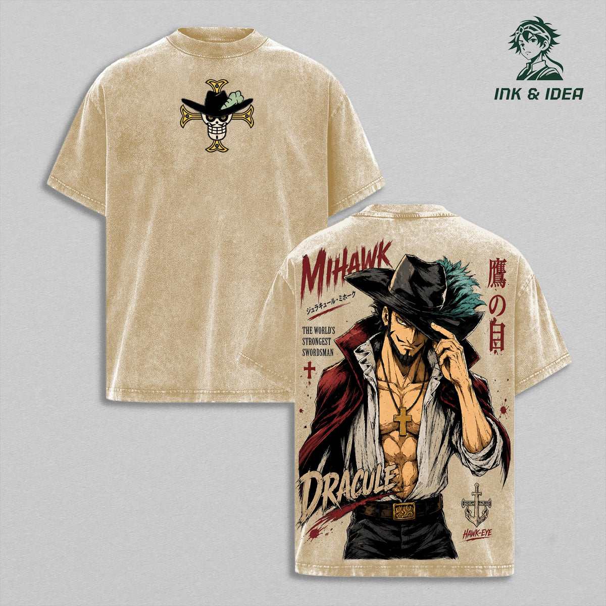 Hawk Eyes Mihawk Vintage Washed T-Shirt, One Piece Legendary Swordsman Anime Graphic Tee, Heavyweight Cotton Retro Streetwear, Unisex Manga Fan Gift