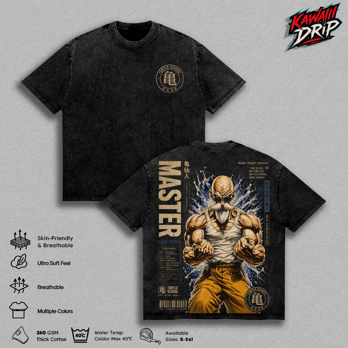 Master Roshiii Gym Kame Sennin DBZ Anime Vintage Washed Tee