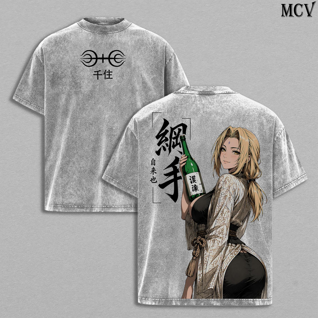 Tsunade Naruto Fifth Hokage Vintage Washed T-Shirt | Legendary Sannin Anime Graphic Tee | Slug Princess Streetwear Oversized Shirt