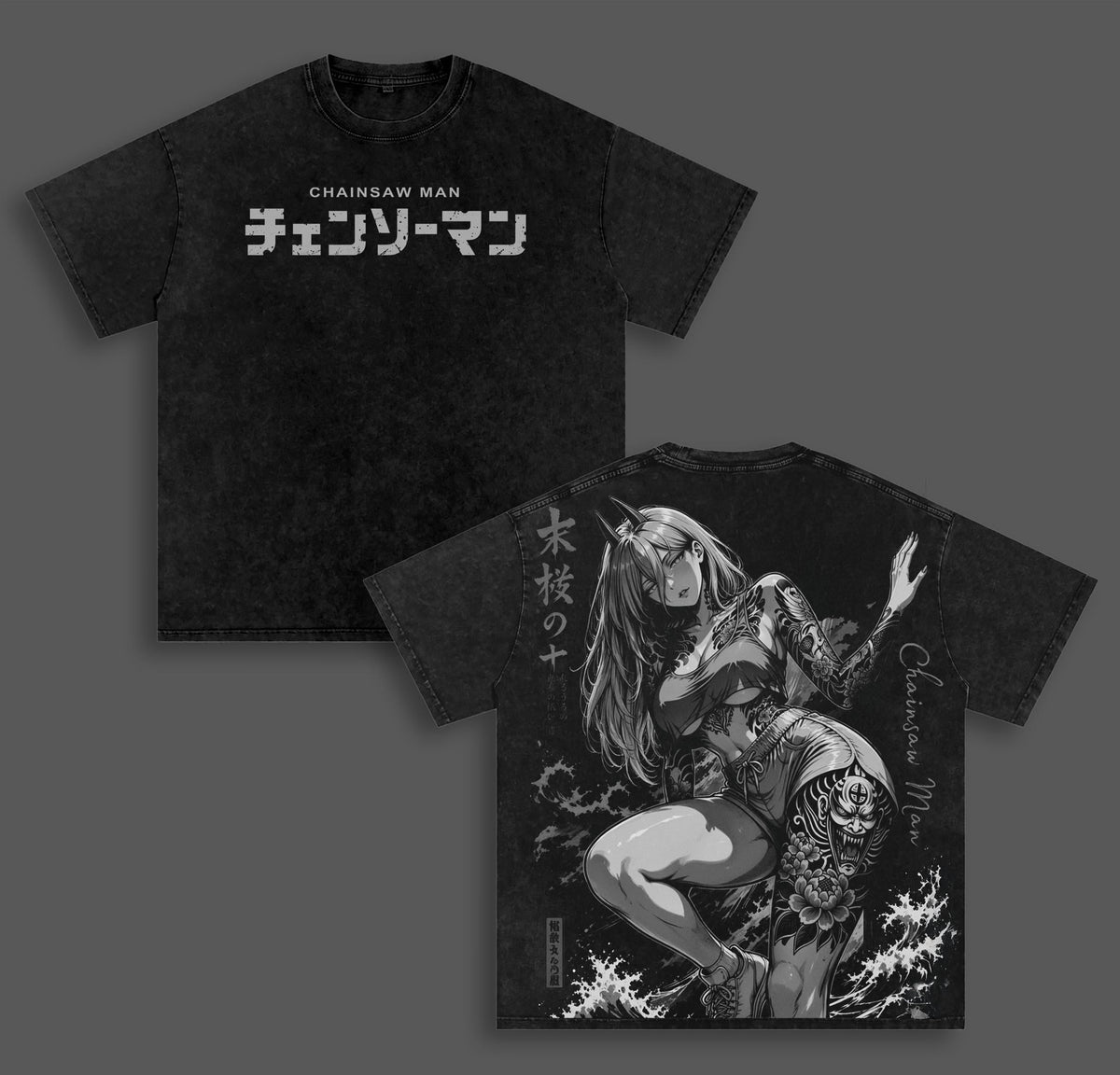 Power Chainsaw Man Anime Double Printed Vintage Washed Tee Unisex Oversize Heavyweight Cotton T-shirt for Anime Fans and Lovers