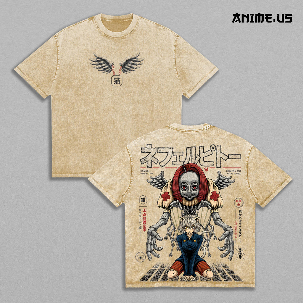 Neferpitou Hunter x Hunter Vintage Washed Oversized Graphic Tee Chimera Ant Royal Guard Heavyweight Cotton Anime Streetwear T-Shirt Gift