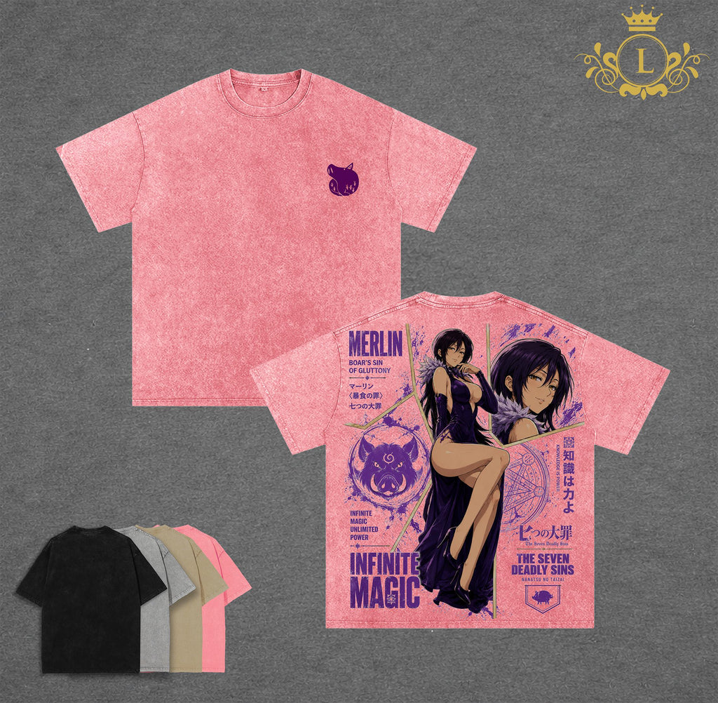 Retro Vintage Merlin - Seven Deadly Sins Anime Double Printed Vintage Washed Tee Unisex Oversize Anime Manga Washed Heavyweight Cotton T-shirt