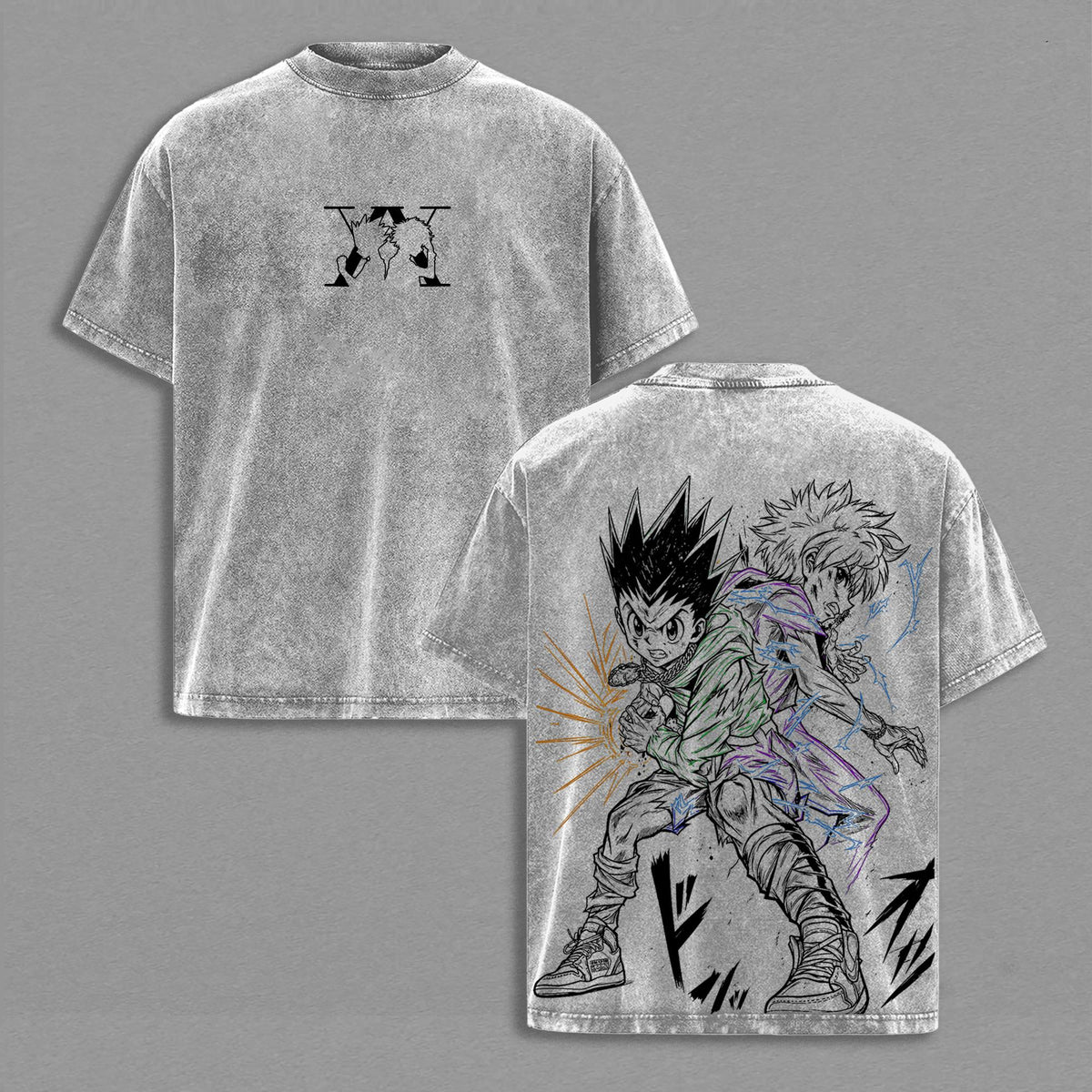 Hunter x Hunter Gon Freecss Killua Zoldyck Anime Vintage Washed Shirt Duo Graphic Tee Oversized Streetwear Unisex