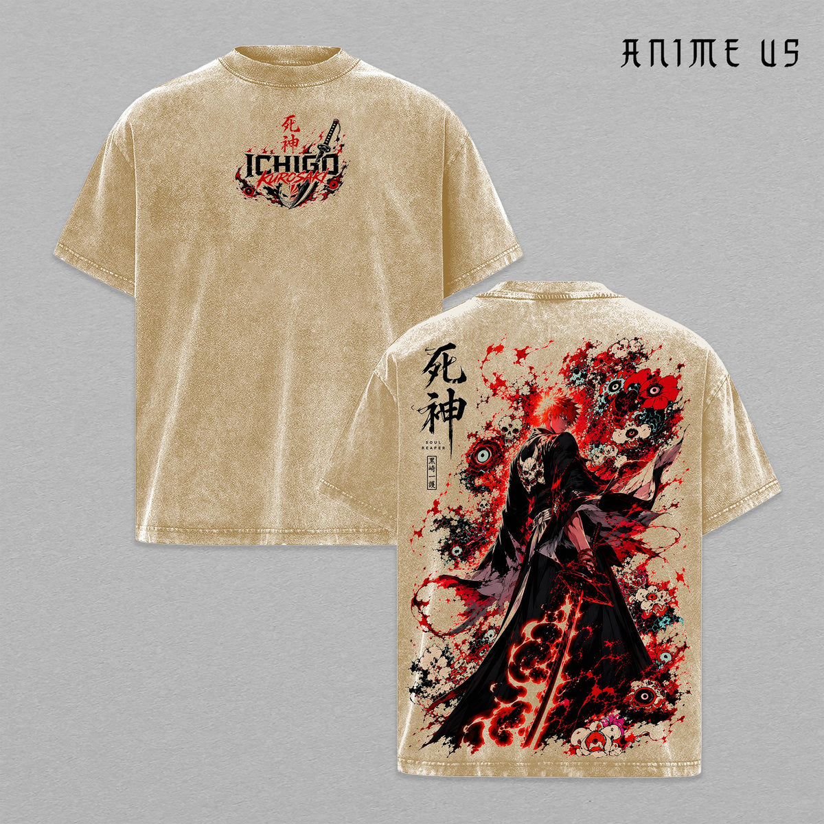Ichigo Kurosaki Bleach Anime Shirt Soul Reaper Bankai Vintage Washed Oversized Graphic Tee Hollow Power