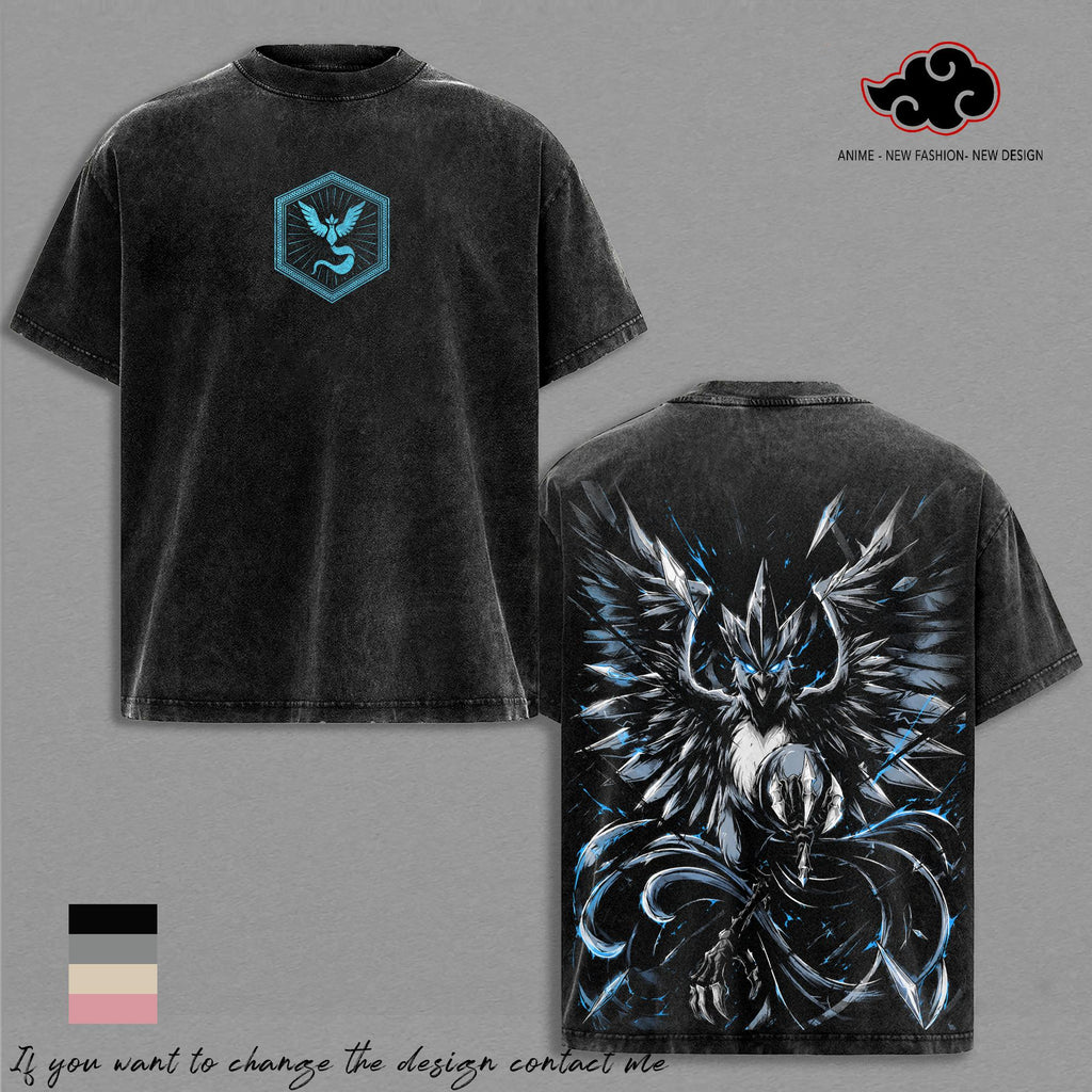MysticArticuno PKM Vintage Washed Shirt Anime Graphic Tee Oversized Streetwear PKM T-Shirt Gift for PKM Fans