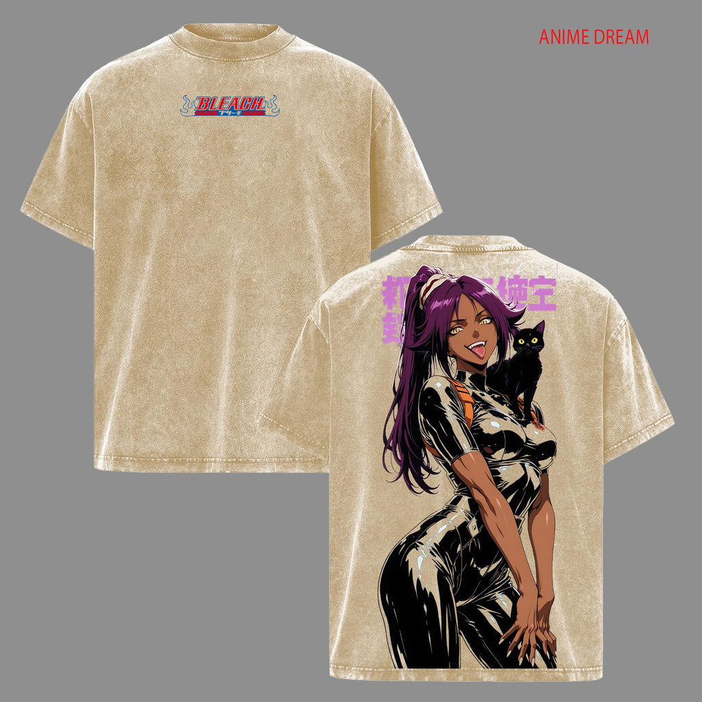 Yoruichi Shihoin Bleach Anime Double Printed Vintage Washed Tee Unisex Oversize Anime Manga Washed Heavyweight Cotton T-shirt