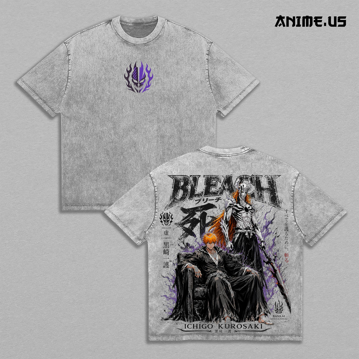 Bleach Ichigo Kurosaki Bankai Hollow Form Washed Heavyweight T-Shirt Vintage Anime Streetwear Graphic Tee Soul Reaper Oversized Unisex Gift