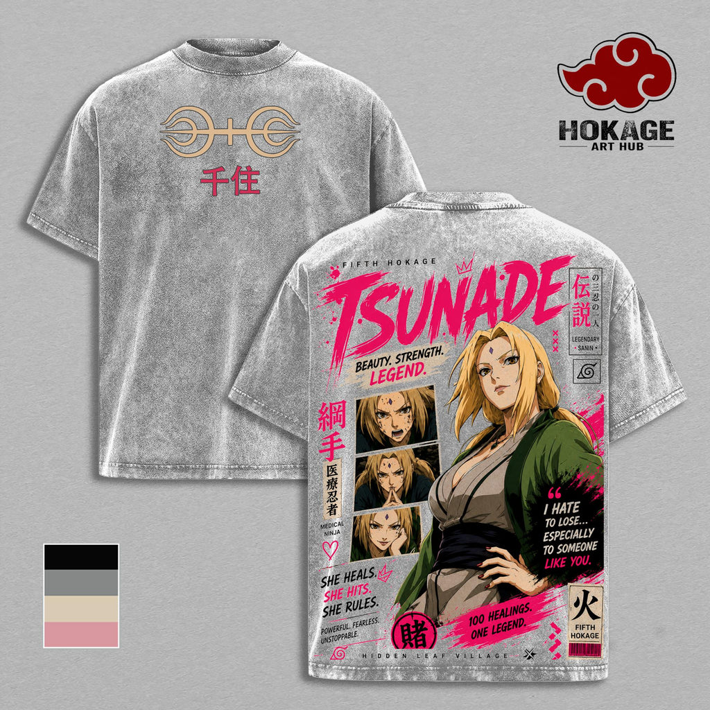 Tsunade NRT Anime Double Printed Vintage Washed Tee Unisex Oversize Anime Manga Washed Heavyweight Cotton T-shirt