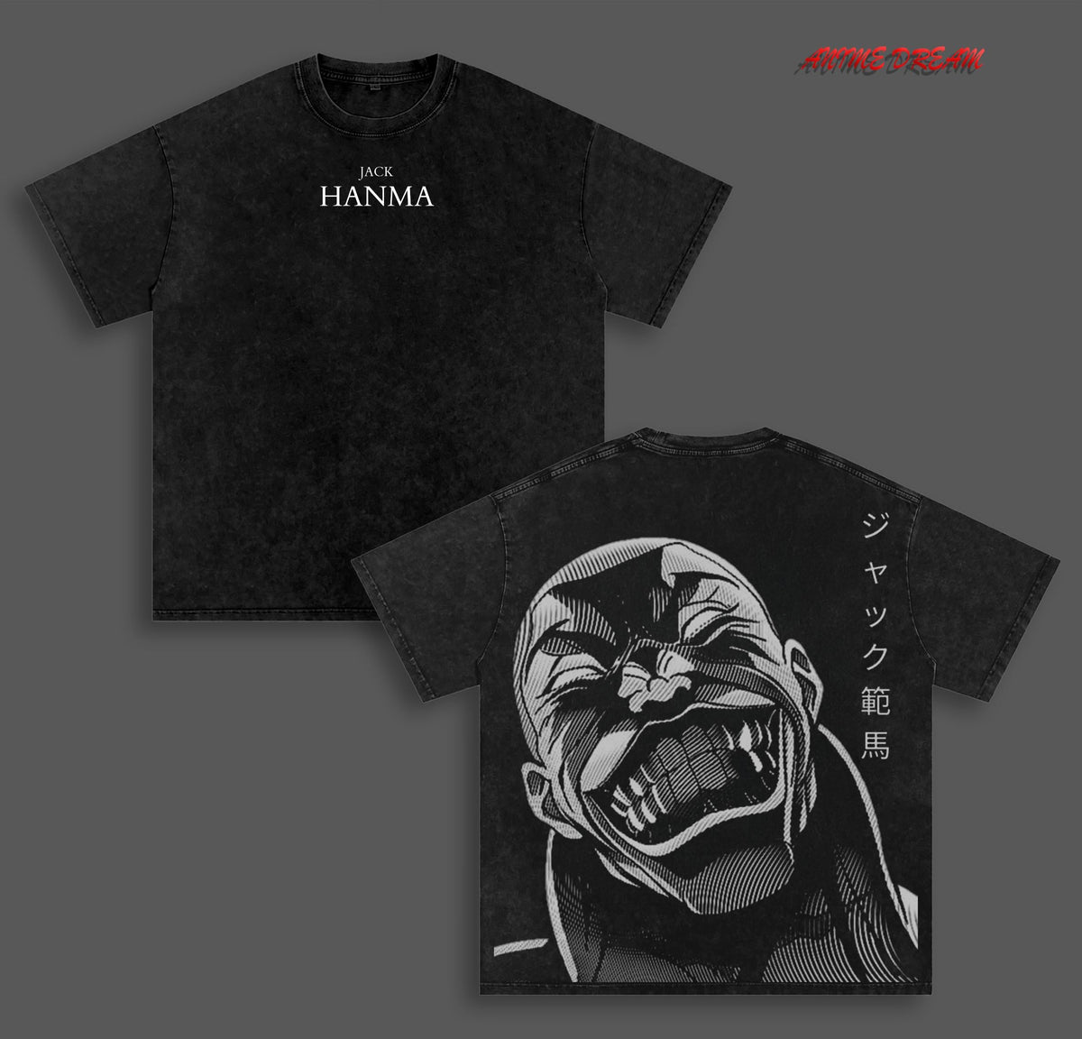 Jack Hanma - Baki Anime Double Printed Vintage Washed Tee Unisex Oversize Anime Manga Washed Heavyweight Cotton T-shirt