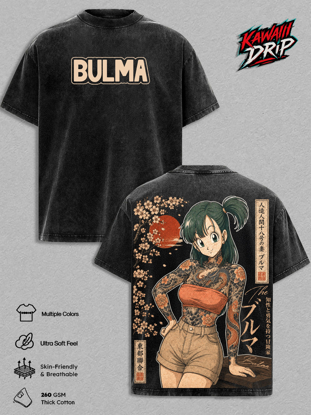 Bulma DBZ Vintage Washed Shirt - Anime Graphic Tee Heavyweight Cotton Oversized Streetwear Top Unisex Manga Shirt DBZ Anime Fan Gift