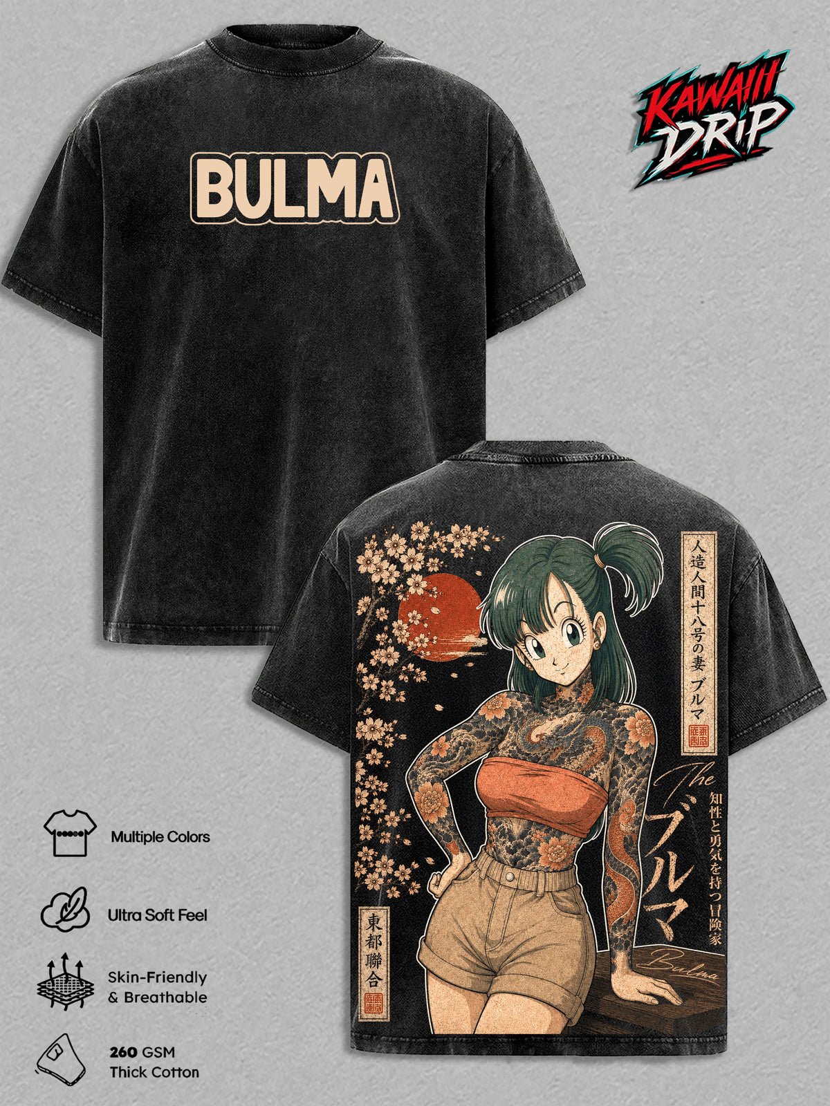 Bulma DBZ Vintage Washed Shirt - Anime Graphic Tee Heavyweight Cotton Oversized Streetwear Top Unisex Manga Shirt DBZ Anime Fan Gift