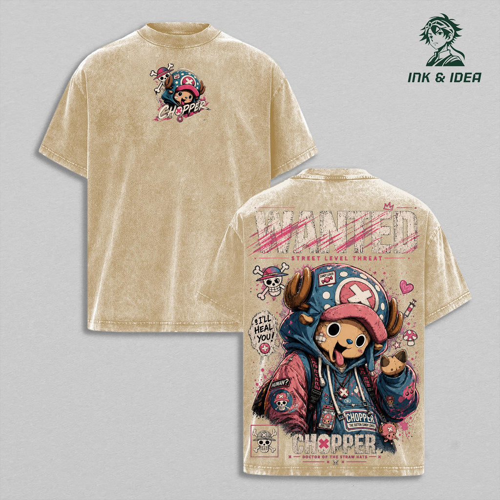 Chopper Double Printed Vintage Washed Tee, Doctor Pirate Graphic Shirt, Oversized Heavyweight Cotton Anime Streetwear for Manga Fans