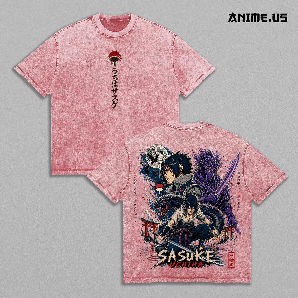 Sasuke Uchiha Susanoo Moon Chidori Naruto Vintage Washed T-Shirt Heavyweight Cotton Anime Streetwear Oversized Tee