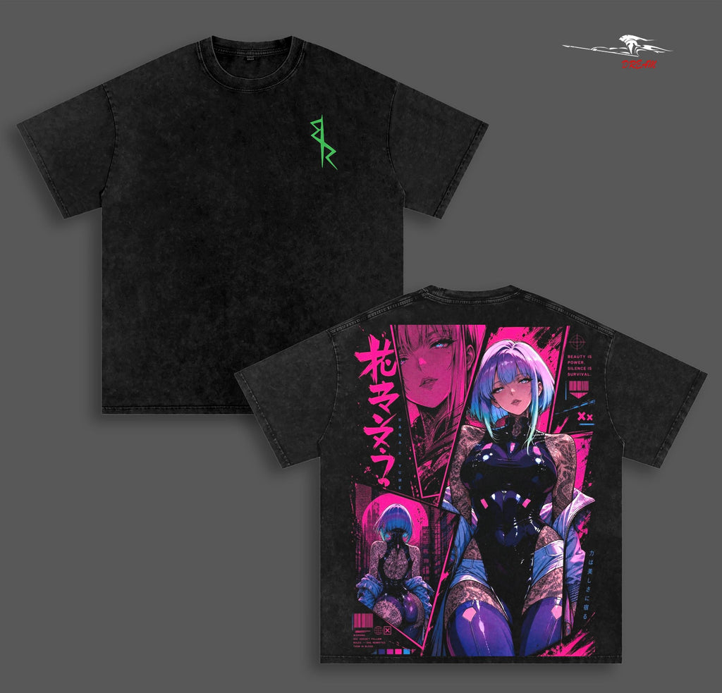Lucy Cyberpunk Edgerunners Anime Double Printed Vintage Washed Tee Unisex Oversize Heavyweight Cotton T-shirt for Anime Fans and Lovers