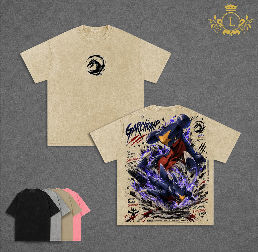 Pocket Monsters - Garchomp Wash TShirt Vintage Unisex Oversize Anime Manga Acid Washed Heavyweight Cotton T-shirt for Fans