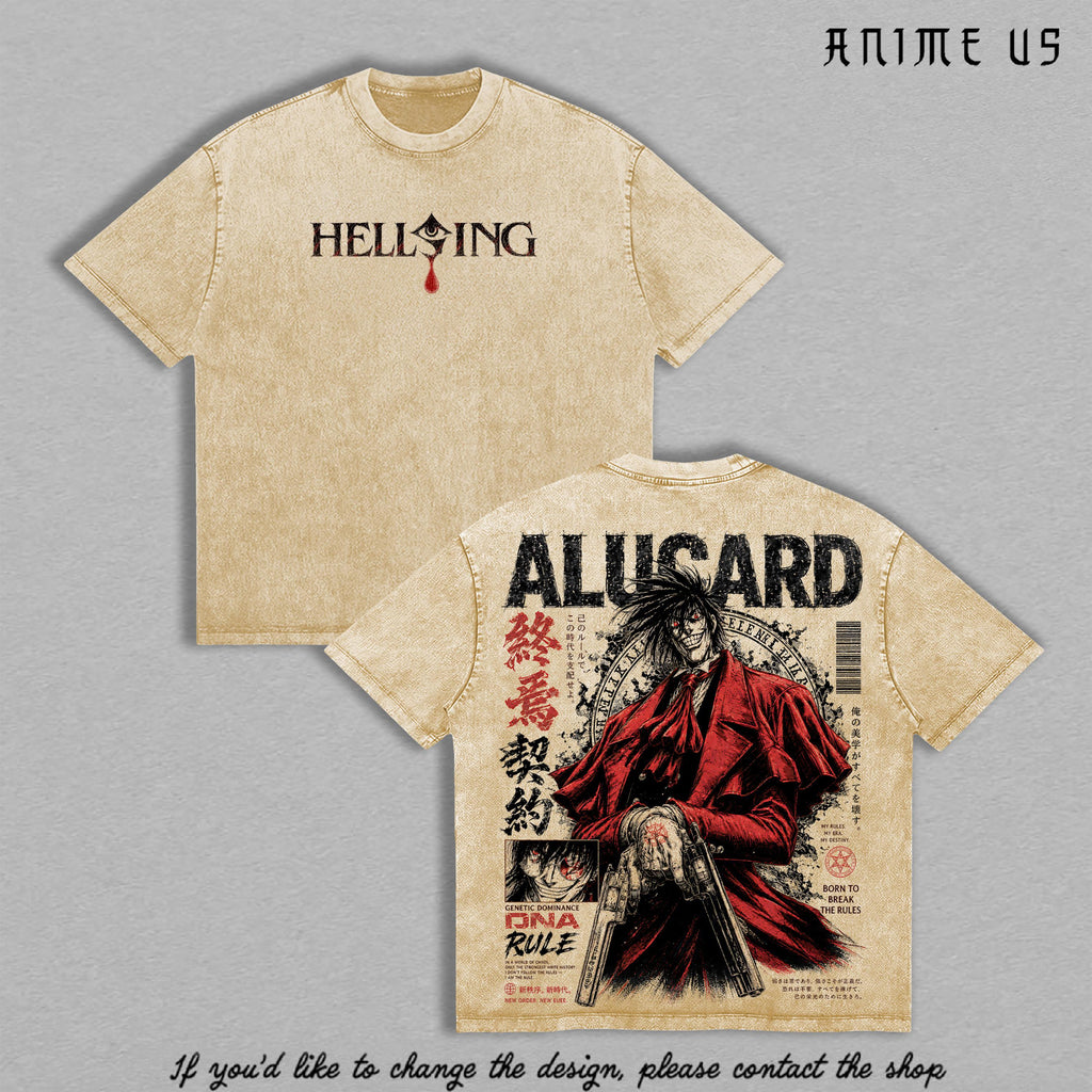 Alucard Hellsing Crimson Vampire Vintage Washed Anime Shirt, Gothic Predator Immortal Power Aura Graphic Tees Men Large Back Print Streetwear