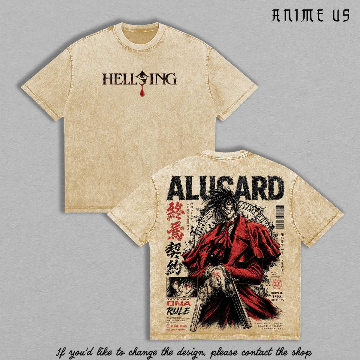 Alucard Hellsing Crimson Vampire Vintage Washed Anime Shirt, Gothic Predator Immortal Power Aura Graphic Tees Men Large Back Print Streetwear