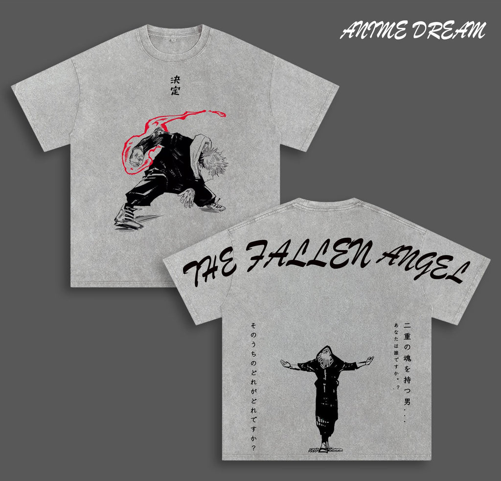 “THE FALLEN ANGEL” Itadori Yuji Jujutsu Kaisen Anime Double Printed Vintage Washed Tee Unisex Oversize Anime Manga Washed Heavyweight Cotton T-shirt