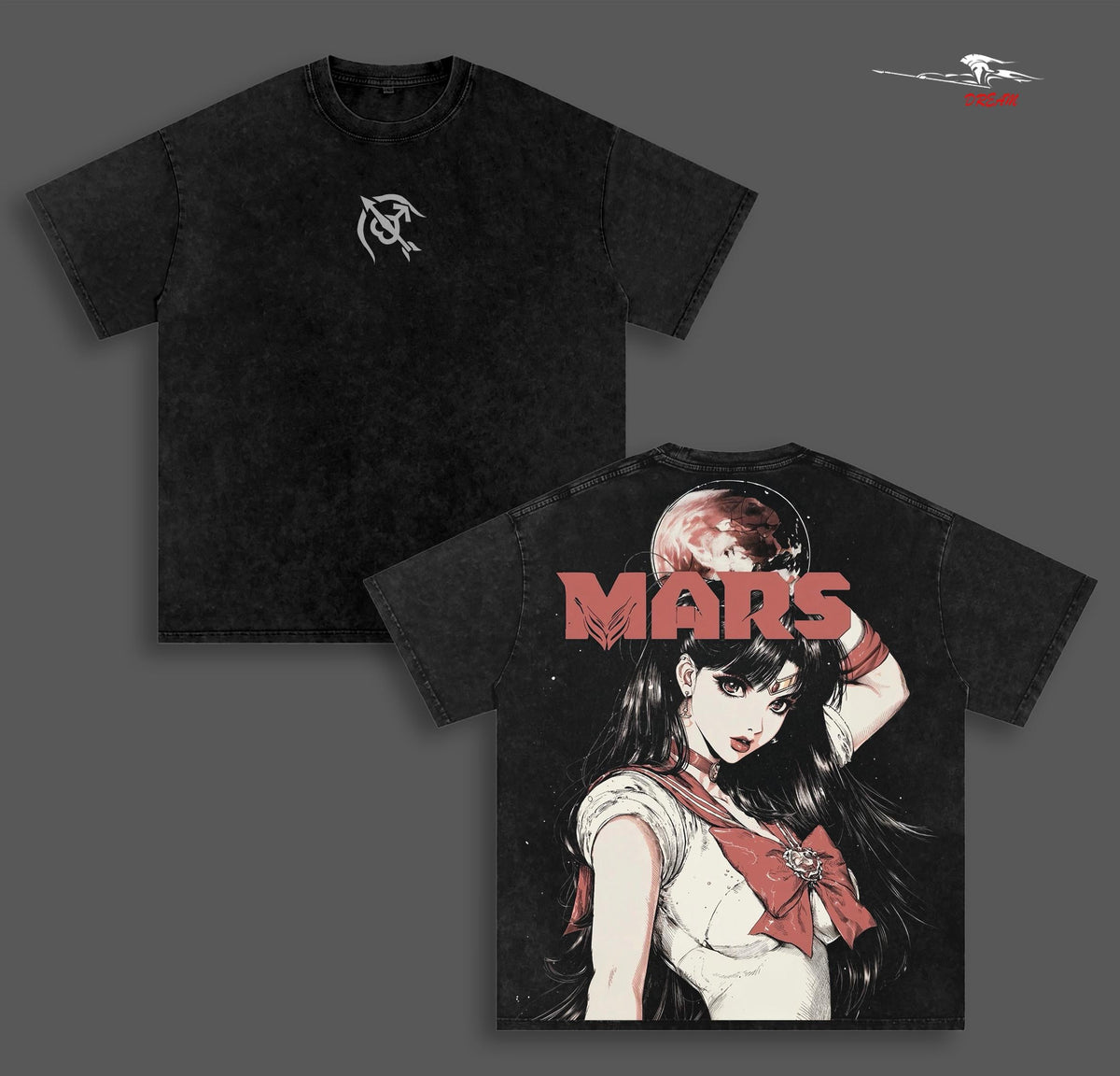 Sailor Mars Sailor Moon Anime Double Printed Vintage Washed Tee Unisex Oversize Anime Manga Washed Heavyweight Cotton T-shirt
