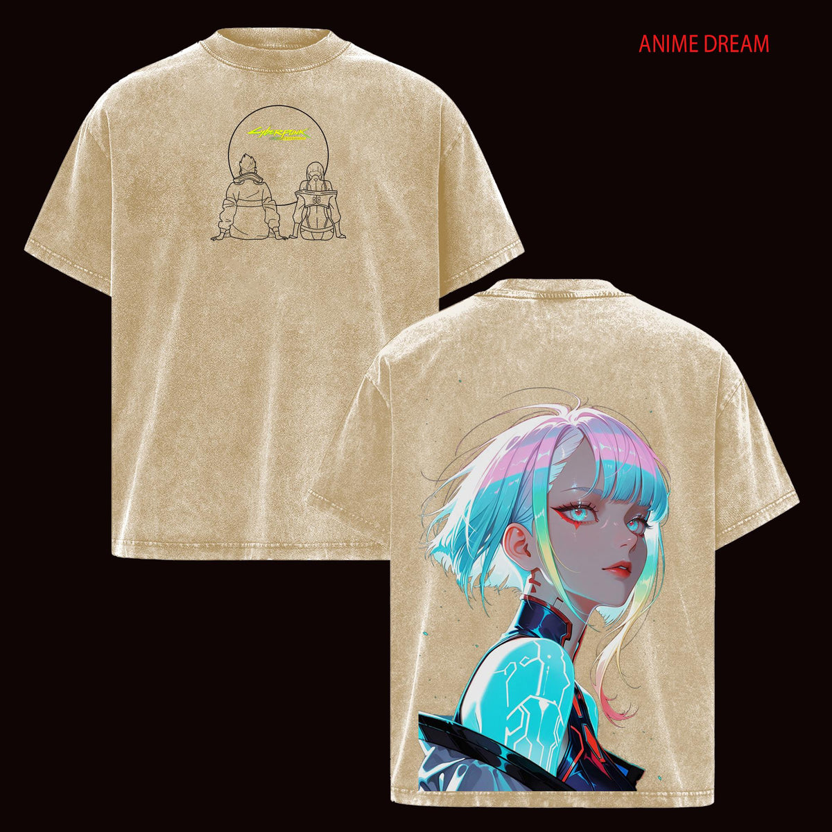 Cyberpunk Edgerunners David & Lucy Anime Double Printed Vintage Washed Tee Unisex Oversize Anime Manga Washed Heavyweight Cotton T-shirt