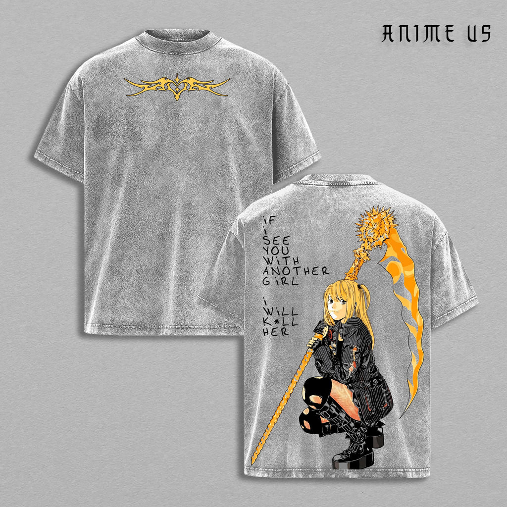 Misa Amane Death Note Double Printed Vintage Tee, Yandere Queen Scythe Heart Emo Anime Graphic Shirt Heavyweight Cotton Unisex Streetwear
