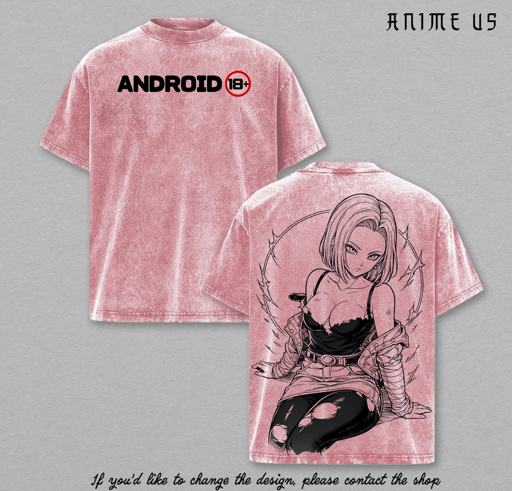 Android 18 DBZ Shirt Vintage Washed Tee | DBZ Anime Streetwear Graphic T-Shirt | Manga Oversized Shirt for Men Women