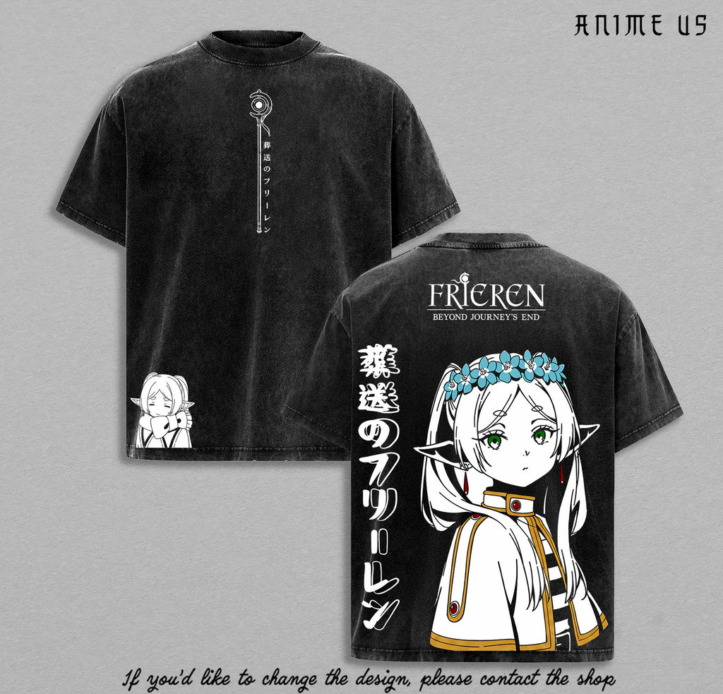 Frieren Beyond Journey’s End Vintage Washed Shirt Japanese Kanji Anime Tee Elf Mage Manga Streetwear