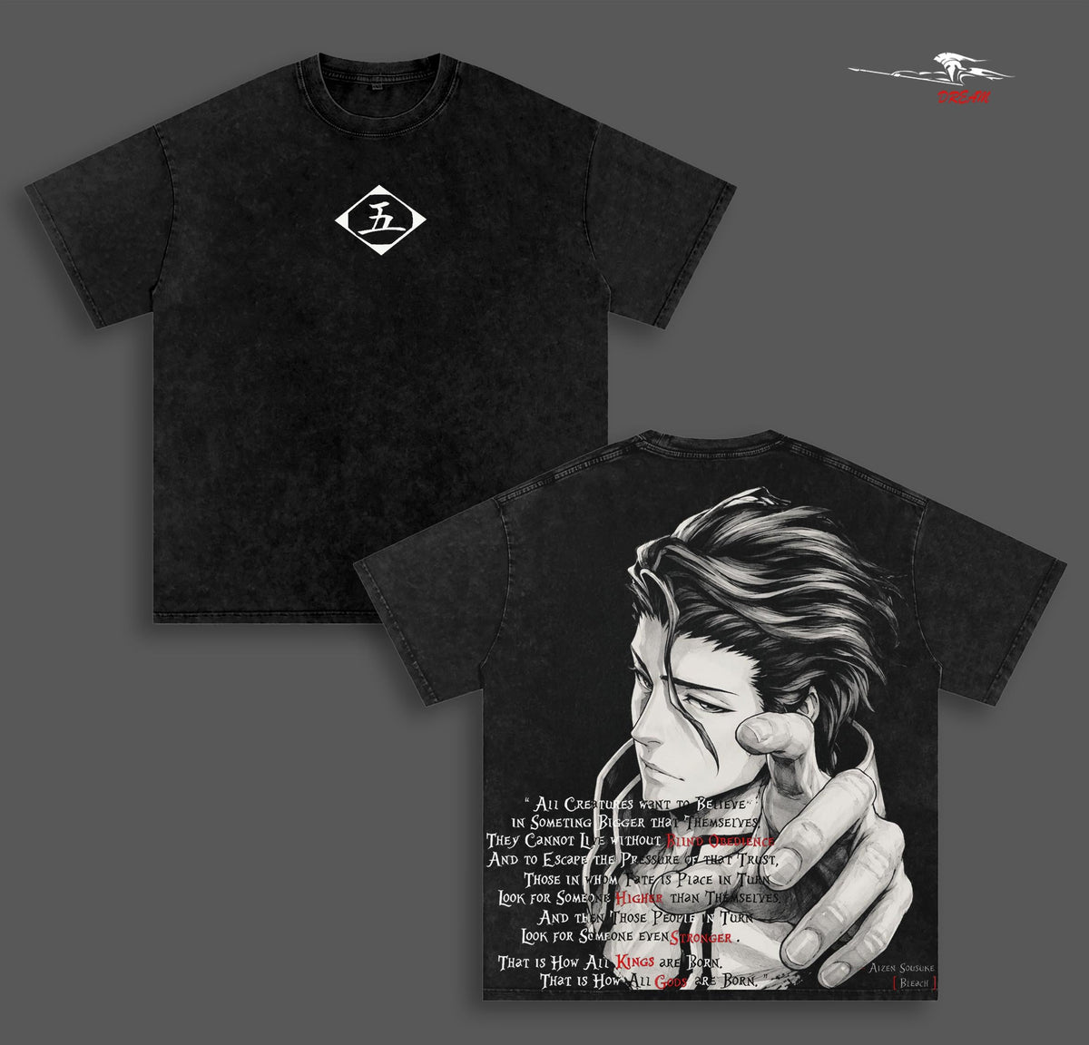 Aizen Sosuke Bleach Anime Double Printed Vintage Washed Tee Unisex Oversize Heavyweight Cotton T-shirt for Anime Fans and Lovers