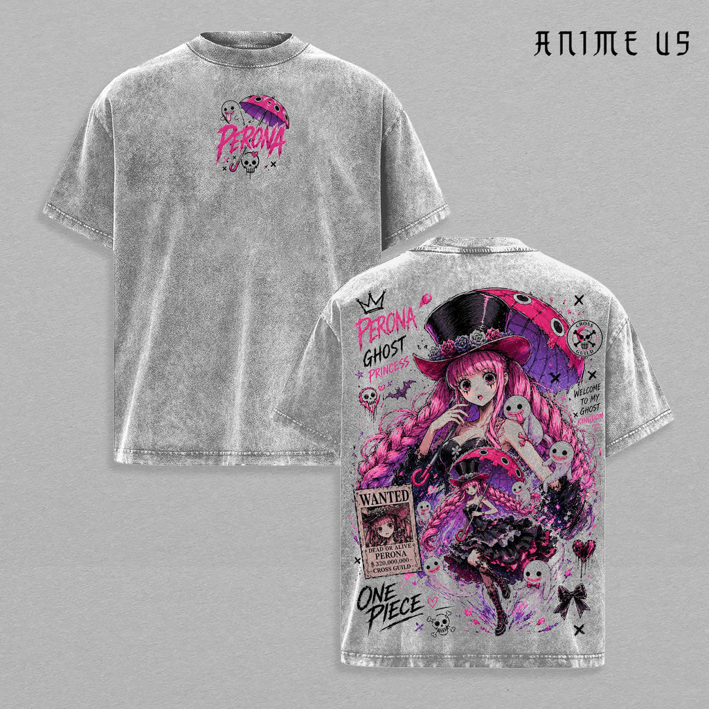 Perona One Piece Ghost Princess Anime Vintage Washed Oversized Graphic Tee Thriller Bark Gothic Manga Streetwear Heavyweight Cotton Shirt