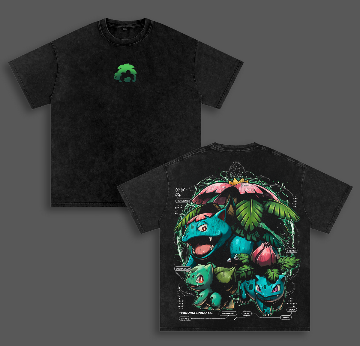 Bulbasaur Pokemon Vintage Unisex Oversize Anime Manga Acid Washed Heavyweight Cotton T-shirt