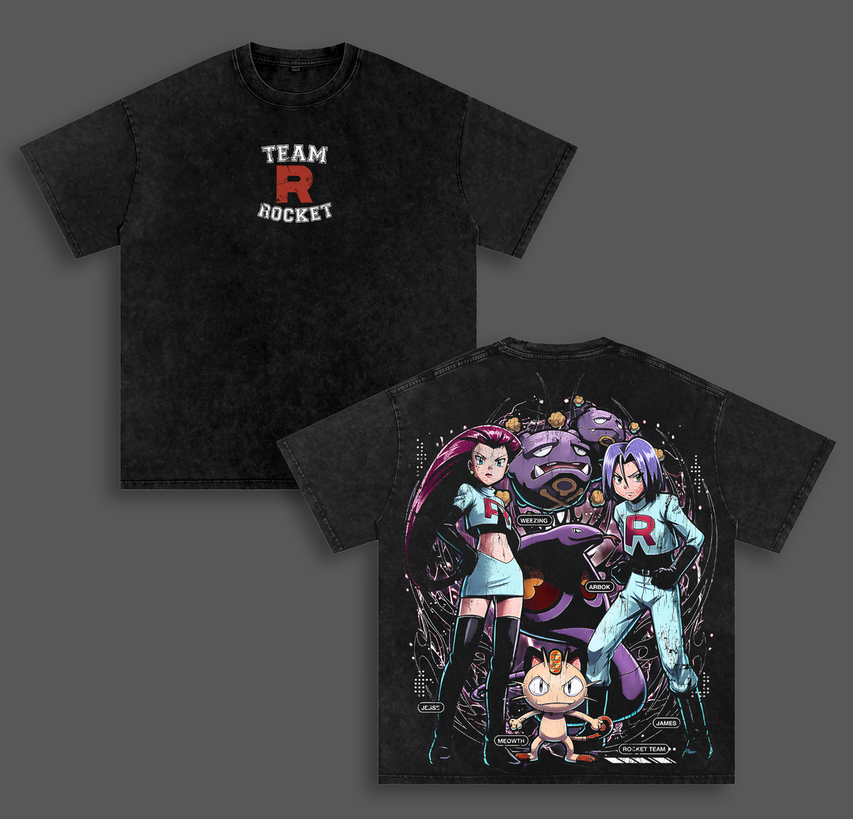 Team Rocket Pokemon Vintage Unisex Oversize Anime Manga Acid Washed Heavyweight Cotton T-shirt