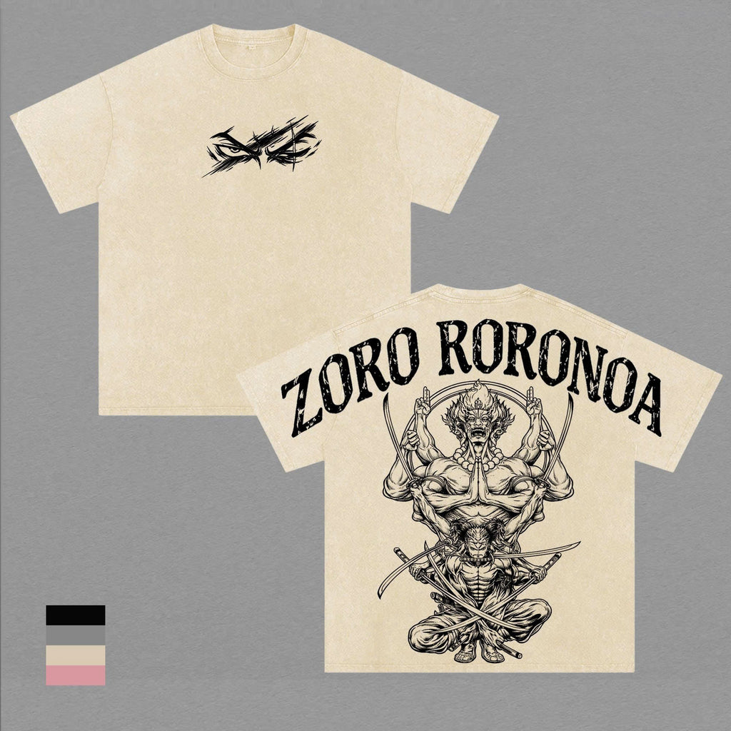 Roronoa Zoro Three Sword Style Anime T-Shirt, Oversized Washed Cotton Tee
