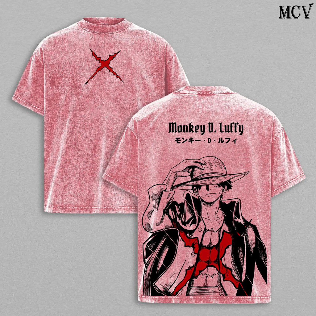 Luffy Vintage Washed T-Shirt, One Piece Pirate King Graphic Tee, Straw Hat Anime Streetwear Shirt