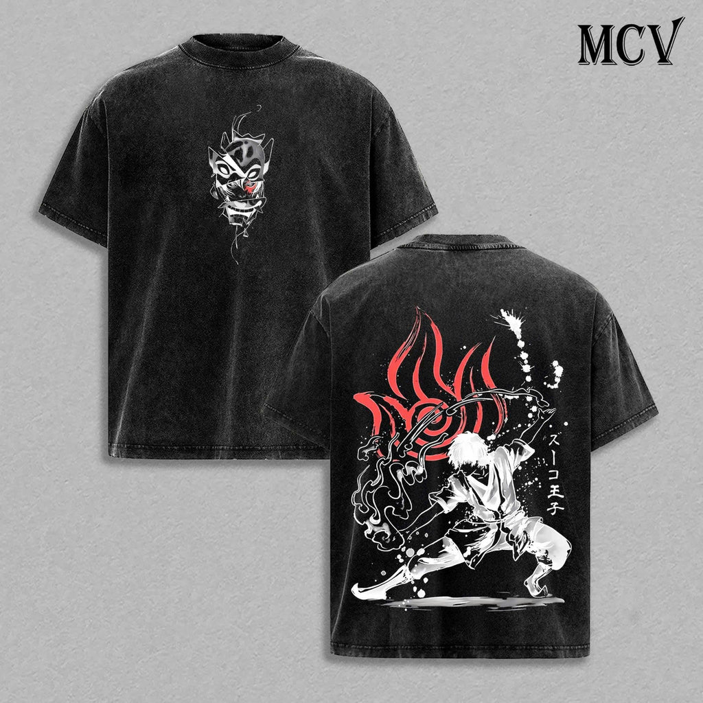 Zuko Fire Nation T-Shirt, Avatar Anime Prince Flame Bender Graphic Tee, Washed Cotton Streetwear